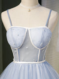 Light Blue A Line Spaghetti Straps Tulle Short Homecoming Dress OKN49