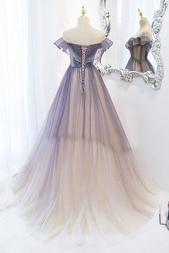 Light Purple A Line Shiny Bling Bling Scoop Short Sleeves Tulle Prom Dress OK1379