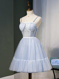 Light Blue A Line Spaghetti Straps Tulle Short Homecoming Dress OKN49