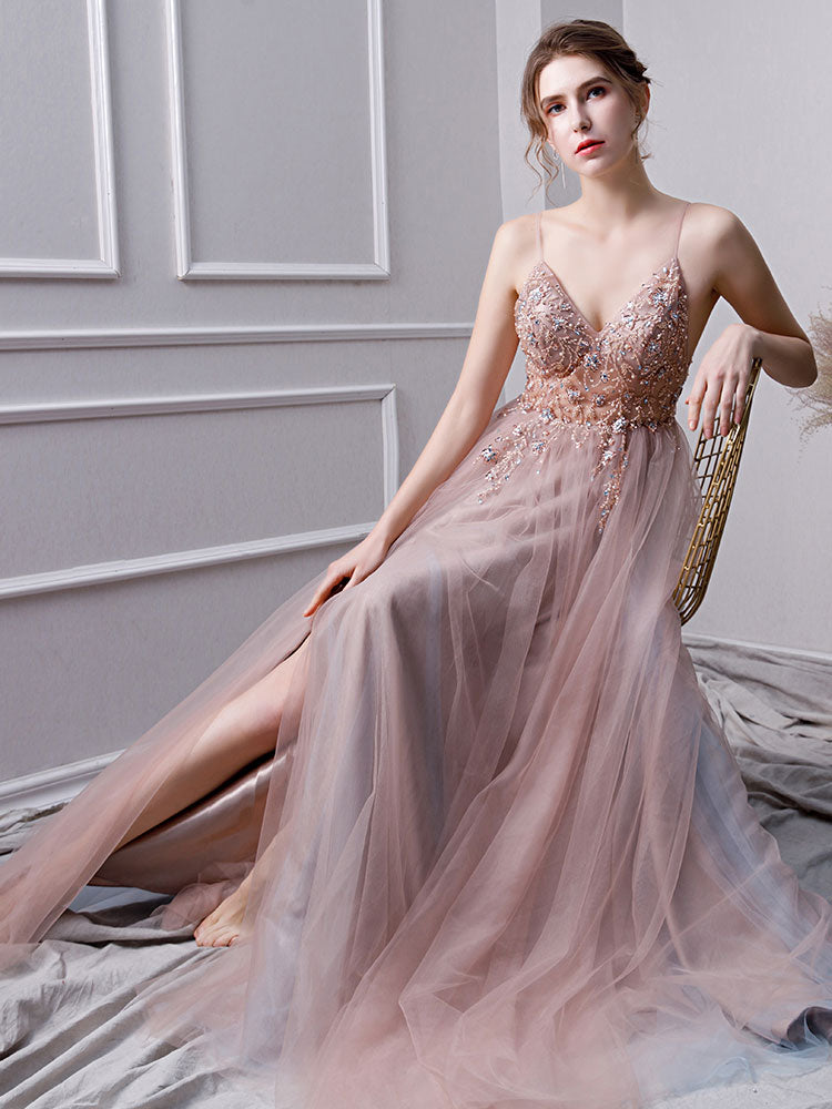 Pink A Line Spaghetti Straps Tulle Beaded Prom Dress With Appliques OKL25