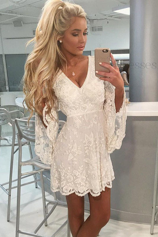 A-Line V-neck Open Back Bell Sleeves Short White Lace Homecoming Dresses OKM8