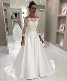 Elegant A-line Sweetheart 3/4 Sleeves White Floor Length Prom/Wedding Dress With Lace Top OK101