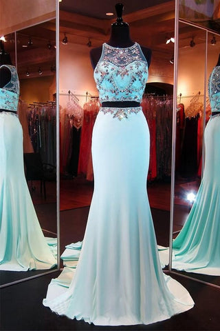 Light Sky Blue Long Two Pieces Mermaid Beaded Prom Dress OK20