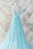 Ice Blue Simple Deep V-neck Beaded Open Back Prom Dress OK22