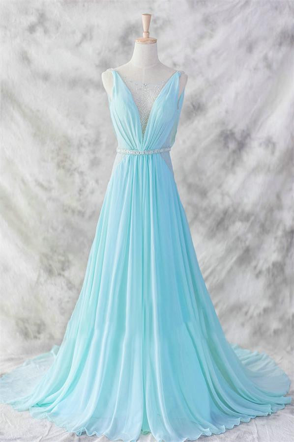 Ice Blue Simple Deep V-neck Beaded Open Back Prom Dress OK22