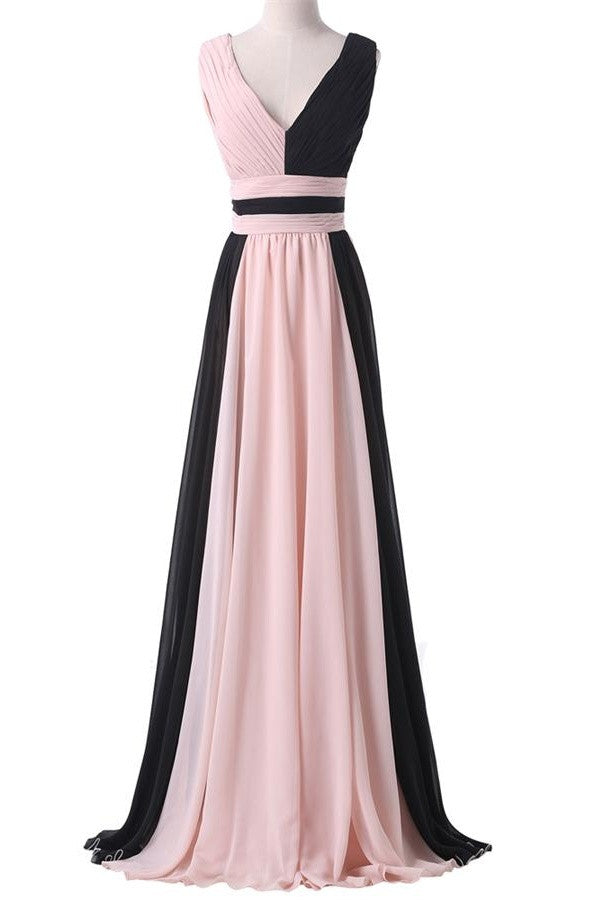 Simple Cheap Pink And Black Long Chiffon Prom Dress OK25