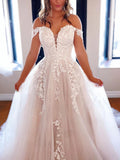 Off Shoulder Ivory Lace Appliques Long Wedding Dresses, White Tulle Bridal Dresses OK1700