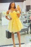 Off Shoulder Yellow Lace Floral Prom Dresses, A Line Tulle Short Homecoming Dresses OK1715