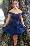 Dark Navy Off the Shoulder Lace A-line Short Homecoming Dress Cocktail Dress OKZ94