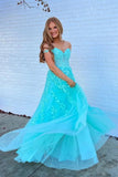 Off the Shoulder Blue A Line Lace Appliques Prom Dresses, Formal Evening Dresses OK1989