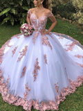 Off the Shoulder White Lace Appliques Tulle Long Prom Dress Formal Evening Dress White Ball Gown OKZ23