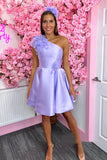 One Shoulder Purple Satin Short Homecoming Dresses, Lavender Formal Graduation Dresses OK1716