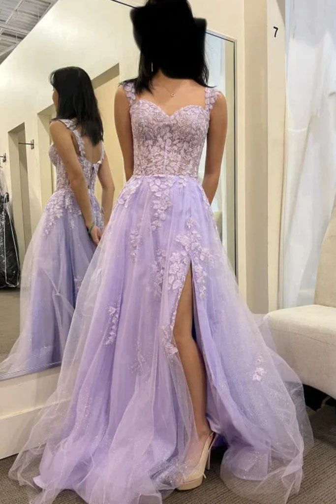 Corset Back Lilac Lace Appliques Long Prom Dresses with High Slit, Purple Lace Tulle Formal Evening Dresses OK1719