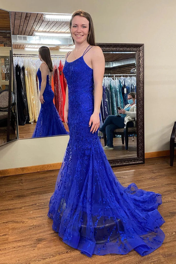 Mermaid Royal Blue Lace Long Prom Dresses, Blue Lace Formal Evening Dresses OK1721
