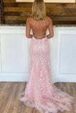 Pink Lace Appliques Mermaid Long Prom Dress Formal Evening Dresses OK1698