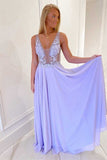 Lavender Chiffon A-line Long Prom Dress V-neck Evening Formal Dress OK1312