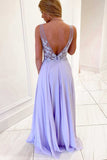Lavender Chiffon A-line Long Prom Dress V Neck Evening Formal Dress OK1312