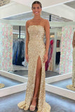 Gold Sequins Strapless Backless Long Mermaid Prom Dress With Slit OK1526