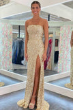 Gold Sequins Strapless Backless Long Mermaid Prom Dress With Slit OK1526