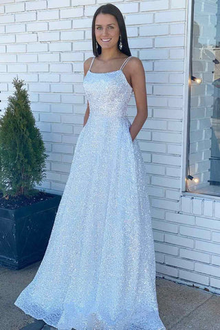 White Sequin Straps Lace-Up Back A-Line Prom Dress Formal Evening Dresses OK2026