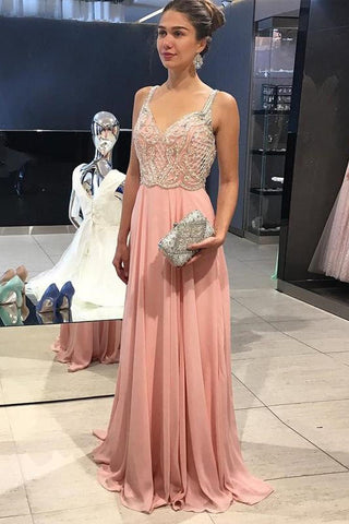 Cheap Peach Chiffon Beading Straps Long A-line Prom Dress OKG31