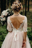A Line Pink Tulle Lace Backless Half Sleeves Lace Up Wedding Dresses, Bridal Gown OK1881