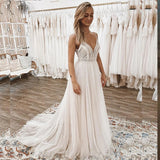 Princess Bohemian Rustic Bridal Gown Sleeveless Spaghetti Strap Beach Wedding Dress For Women OKZ30