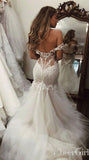 Elegant Mermaid Tulle Off Shoulder Wedding Dress with Lace Top OKU80