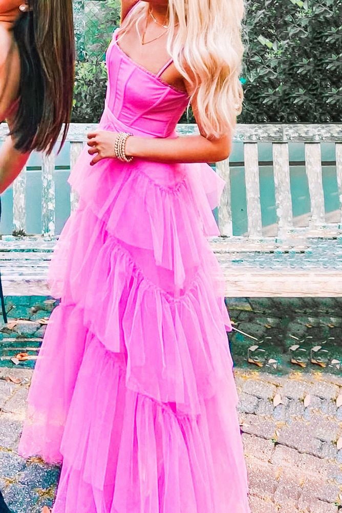 Fashion Hot Pink A Line Tulle Long Prom Dress Layered Ruffles