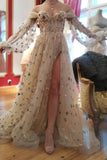 A Line Tulle Stars Long Prom Dress, Sparkly Off the Shoulder Stars Evening Party Gown  OK1668