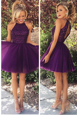 Open Back Halter Purple Beaded Homecoming Cocktail Dress ED2536