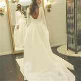 Ivory Long Sleeves Backless Simple Wedding Dresses,Elegant A Line Prom Dress OK793