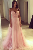 A Line Spaghetti Straps Pink Tulle Long Prom Dresses OKE87