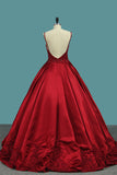 Burgundy Spaghetti Straps Beading Prom Dresses, Princess Ball Gowns OKJ7