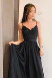 Stunning A-line Spaghetti Straps Long Black Prom Dresses with Split OKJ63