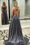 Grey Spaghetti Strap A Line Prom Dresses Sexy Long Split Evening Dresses OKJ88