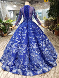 Royal Blue Long Sleeves Lace Prom Dress,Ball Gown Quinceanera Dresses OKK6