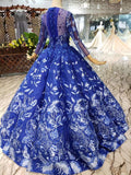 Royal Blue Long Sleeves Lace Prom Dress,Ball Gown Quinceanera Dresses OKK6