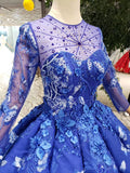 Royal Blue Long Sleeves Lace Prom Dress,Ball Gown Quinceanera Dresses OKK6