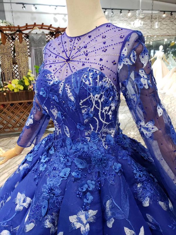 Royal Blue Long Sleeves Lace Prom Dress,Ball Gown Quinceanera Dresses OKK6