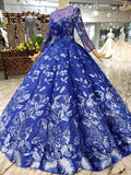 Royal Blue Long Sleeves Lace Prom Dress,Ball Gown Quinceanera Dresses OKK6