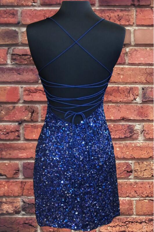 Tight Navy Blue Sequined Party Dress Sheath Short Homecoming Dress OKZ70