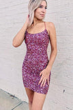 Tight Navy Blue Sequined Party Dress Sheath Short Homecoming Dress OKZ70