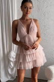 A Line Pink V Neck Short Homecoming Dress Cute School Party Dress OK1532