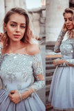 Gray Lace Appliques Tulle Short Prom Dresses, Long Sleeves Homecoming Dress OKP55