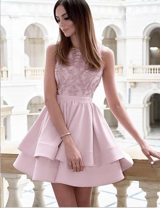 Pretty Bateau Short Pink Satin Homecoming Party Dress with Appliques OKO51