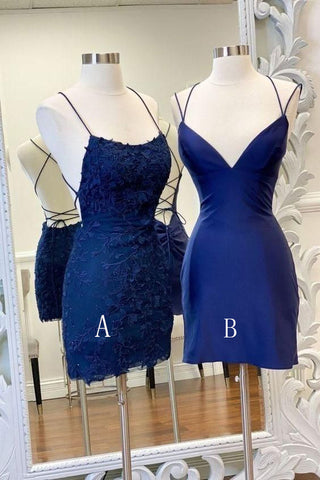 Sexy Spaghetti Straps Sheath Navy Blue Short Homecoming Dress Graduation Dress OKZ73