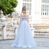 Light Blue Tulle Long Prom Dress Beaded Aline Formal Gowns OKW68