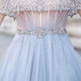 Light Blue Tulle Long Prom Dress Beaded Aline Formal Gowns OKW68