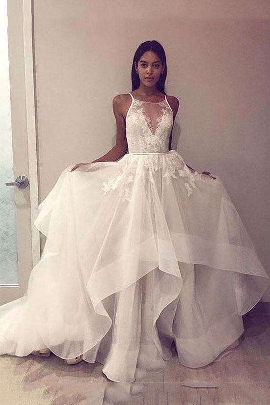 A Line Tulle Appliques Long Prom Dresses Open Back Cheap Wedding Dress OKH86